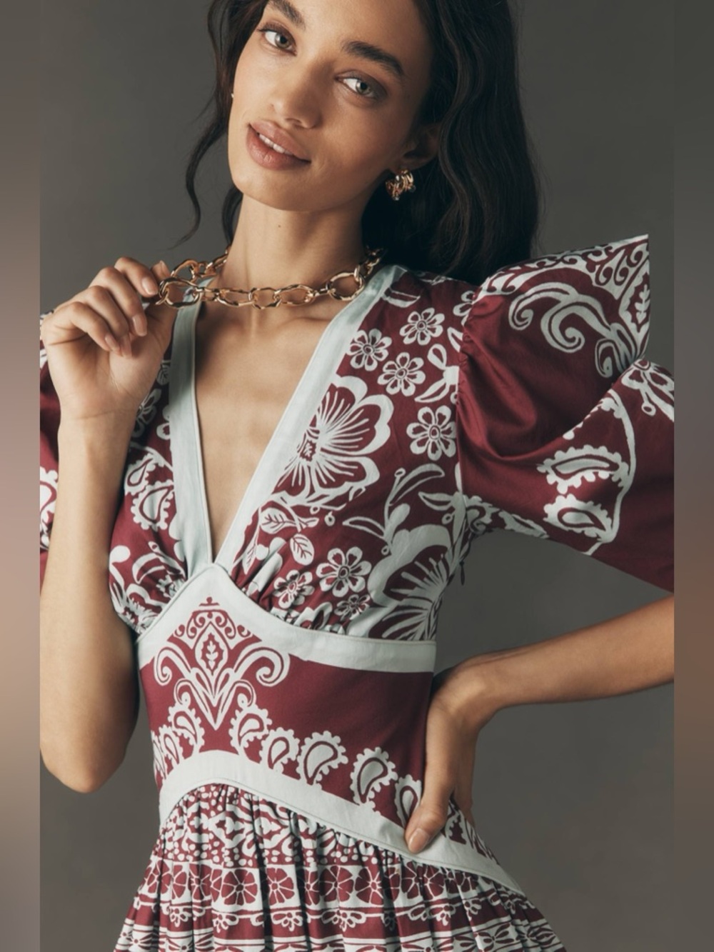 Farm Rio x Anthropologie Burgundy Blue Print puff sleeve Dress Size XS NWT - Picture 7 of 11